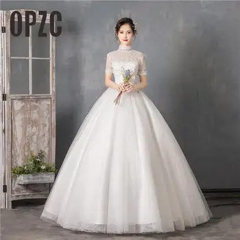 

Wedding Dress 2020 New Arrival Butterfly High Neck Open backless Lace With Pearls Dreamlike Ball Gown Short Sleeve Princess 70