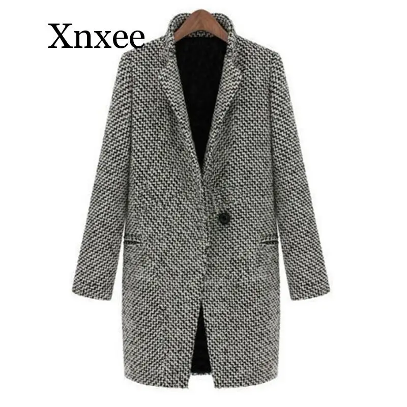 

Coat Woman Plaid Female Jacket Wool Coat Winter One Button Coat Women Pocket Wool Blend Cape Coat Tweed Outwear Top Gray England