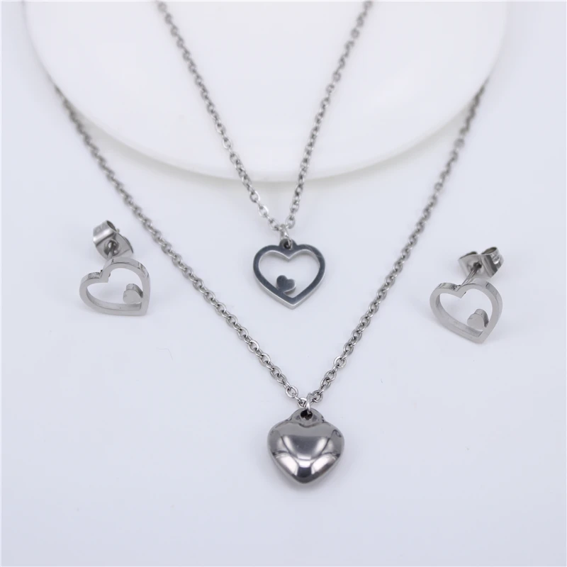 Простой в форме сердца из нержавеющей стали модный набор украшений для женщин ожерелья и серьги и цепочки подарок ZN39