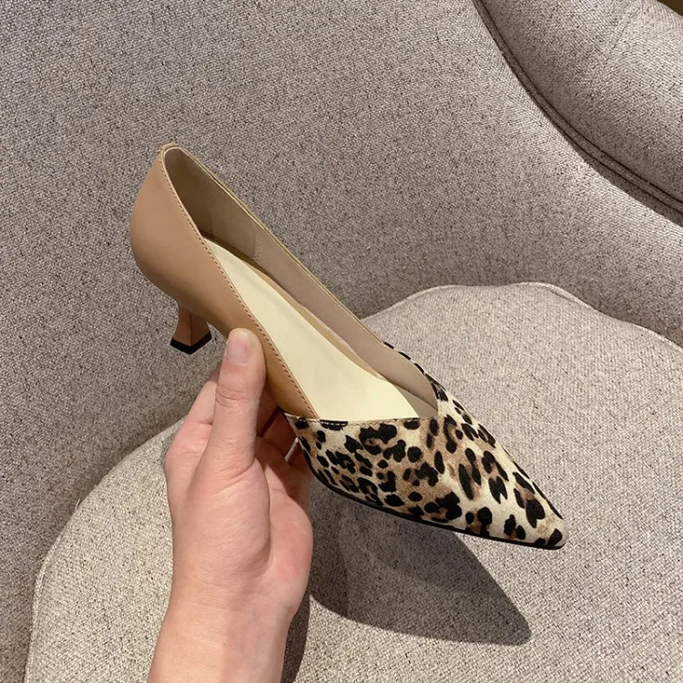 

Spring Summer 20 Youth Shoes Women's Thin Heeled Today Mixed Colors Leopord Pattern Full-grain Leather Semi-high Heeled Single S