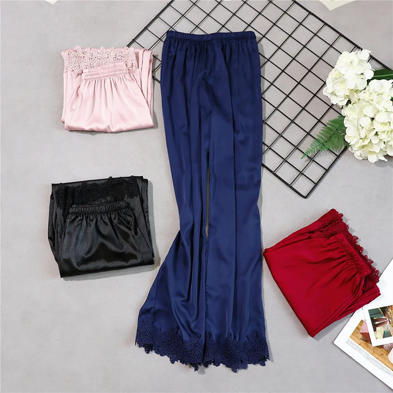 Красный стиль женские длинные брюки весна лето повседневная шелковистая Домашняя одежда Пижама для ванной брюки m-xl