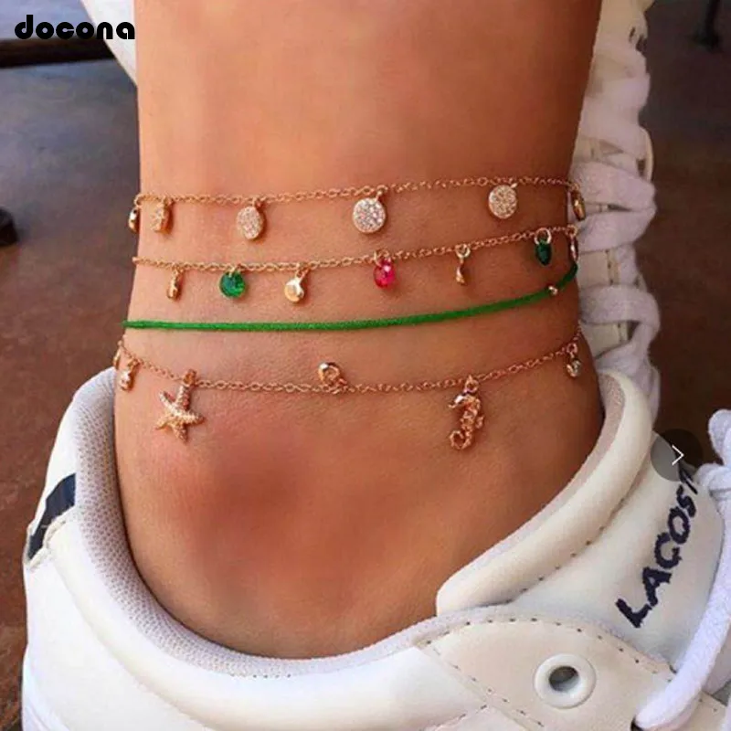 

Docona Boho Colorful Crystal Starfish Seahorse Multi Layer Anklet Set for Women Geometric Chains Anklets Foot Jewelry C04109
