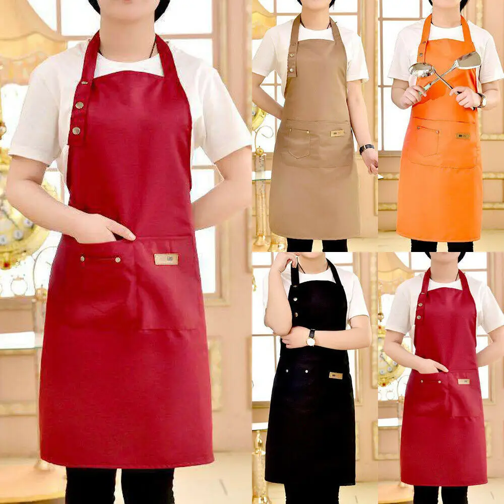 

Pockets Adjustable Kitchen Solid Waterproof Apron Butcher Crafts Baking Chefs BBQ Plain Pinafore