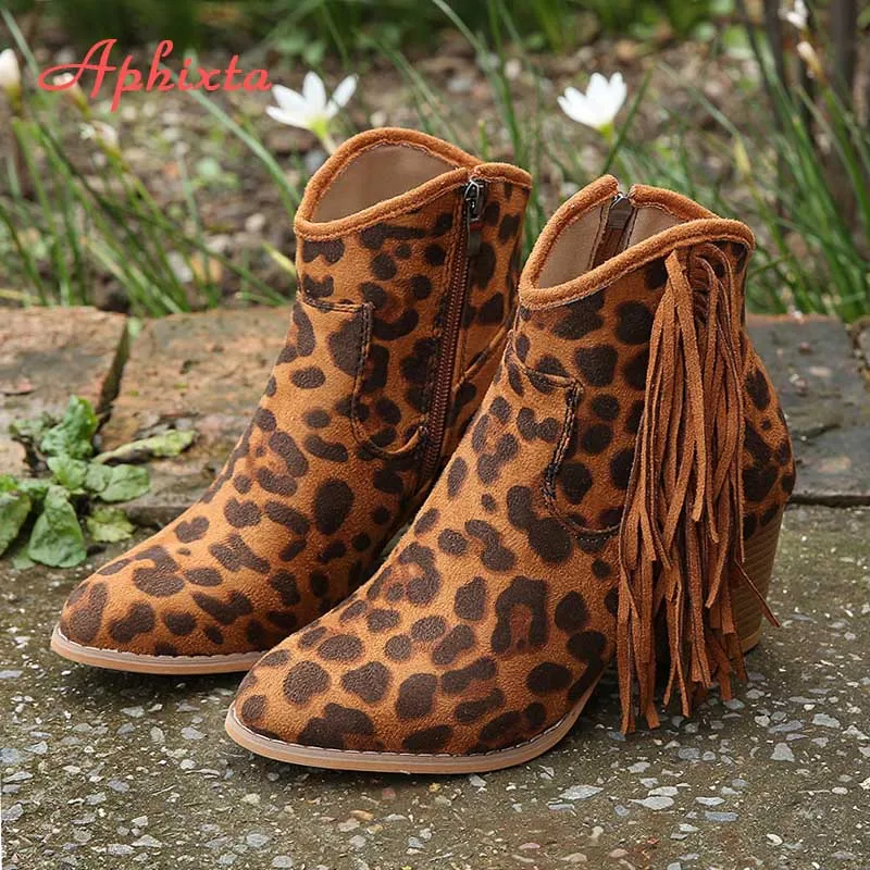 Aphixta/женские ботильоны с бахромой и леопардовым принтом; ботинки из искусственной кожи на молнии с квадратным каблуком; пикантные ботинки с острым носком; женская обувь; Прямая поставка - Цвет: Leopard