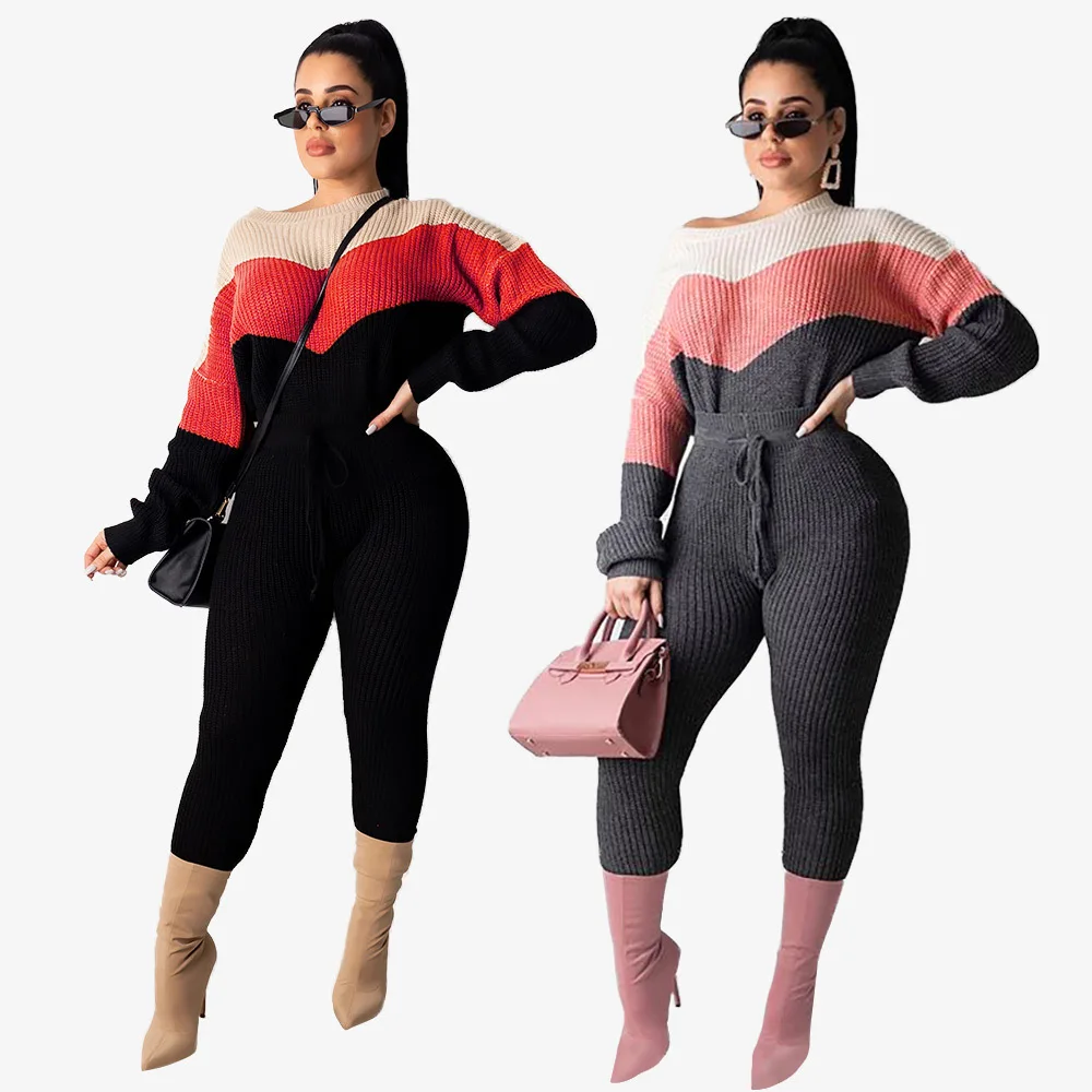 

2020 Autumn Women's Suit Contrasting Color Lace-up Sweater Pencil Pants Two-Piece Set for Girls Thick Keep warm