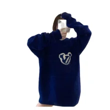 2021 New Autumn Winter Letter Pattern Blue Pullover Long Sleeve Knit Sweater свитер Round Neck Women Sweater Loose Sweater Top