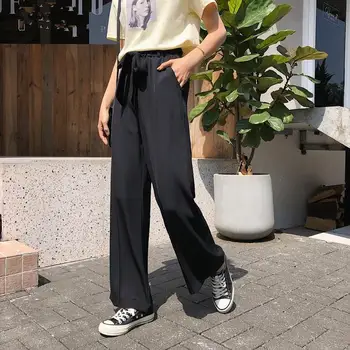 

2019 Vintage Lace Up Bow Straight Pants Women Large Size High Waist Wide Leg Pants Solid Color Long Loose Trousers