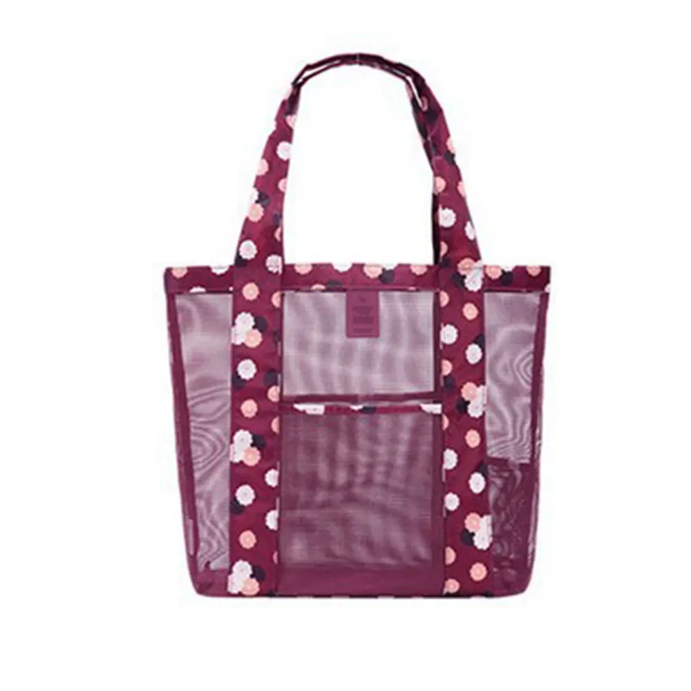 wine red Folding Sand Mesh Bag Oxford Cosmetics Outdoor Summer Picnic Travel Bag Fashion Clothes Towel Female Storage Bags - Цвет: wine red
