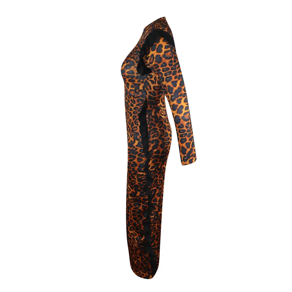 Сексуальное леопардовое длинное платье с камуфляжным принтом, Африканское женское облегающее платье размера плюс с оборками, платья для вечеринок в ночном клубе, осенние платья с длинным рукавом
