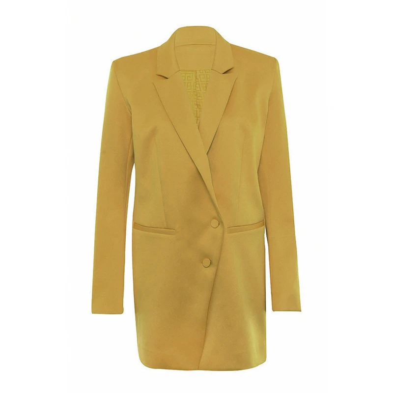 Женские блейзеры и куртки с криптографическим рисунком, повседневные однотонные женские блейзеры с длинным рукавом, однобортные Длинные куртки с глубоким v-образным вырезом - Цвет: yellow