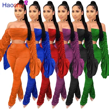 

HAOOHU Sexy Two Piece Set Jumpsuit Off Shoulder Flare Sleeve Crop Top+Stacked Leggings Fall Women Clothing Bodycon Club Outfits