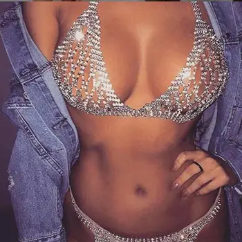 

GLAMing Sexy Crystal Body Chain Jewelry for Women Bikini Night Club Rhinestone Thong and Bra Set Panties Underwear Jewellery