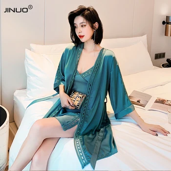 

JINUO Summer Sexy Pajamas Sets Satin 2 piece set Pyjamas Strap Hollow Bathrobe Nightdress sleepwear lounge wear for women