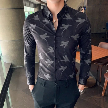

Men Dress Shirt Autumn Winter Long Sleeve Print Shirt Men Simple Slim Fit Formal Wear Social Shirts For Men Tuxedo 3XL
