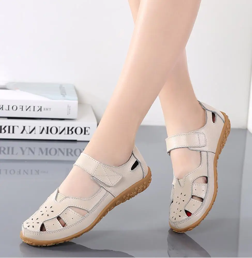 Women Mother Genuine Leather Sneake Soft Bottom Sandals Flats Summer Ladies Hollow Out Beach Shoes Quality Hot Gladiator Sandals