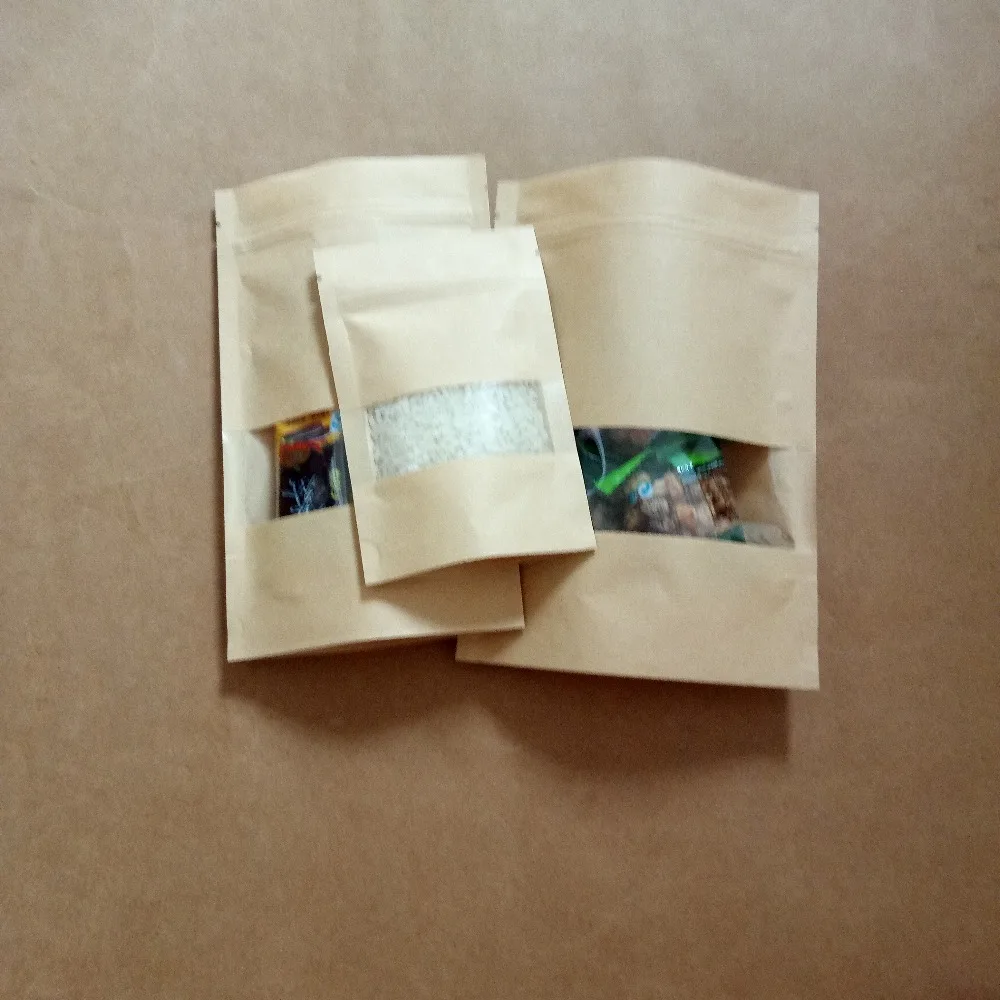 14*20+ 4 см 100 шт Ziplock уплотнение крафт-бумажный пакет окно стоит вверх герметизируемый мешок для еды/чая/ореха/кофе перегерметизируемый упаковочный мешок