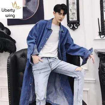

New Fashion Women Long Denim Casual Streetwear Autumn Loose Fit Jeans Coat Single Breasted Windbreaker Cowboy Trench