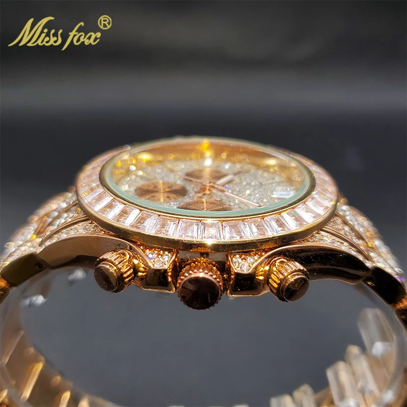 MISSFOX hommes montres de luxe grand boîtier avec Baguette plein diamant Quartz montre-bracelet chronographe calendrier montre_voghion.com