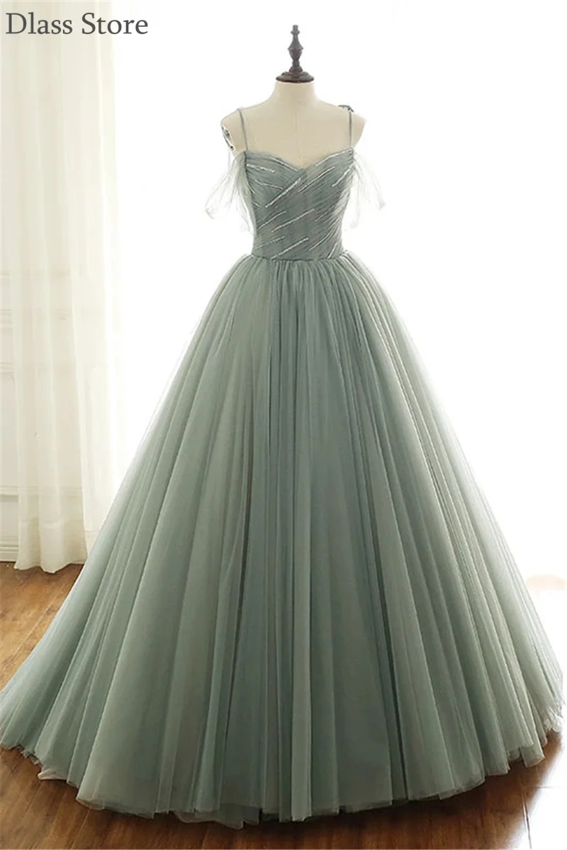 

Light Green Prom Dresses A-line Sweep Train Spaghetti Strap Sweetheart Neck Simple Lace-up Evening Dress
