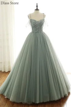 

Light Green Prom Dresses A-line Sweep Train Spaghetti Strap Sweetheart Neck Simple Lace-up Evening Dress