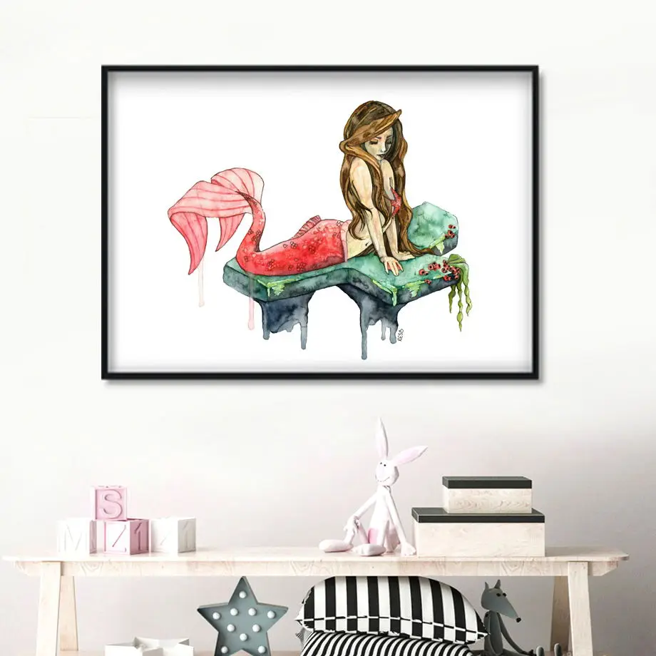 

Wall Art Poster Printed Mermaid Princess Modular Nordic Canvas Painting Abstract Girl Watercolor Pictures For Bedroom Home Decor