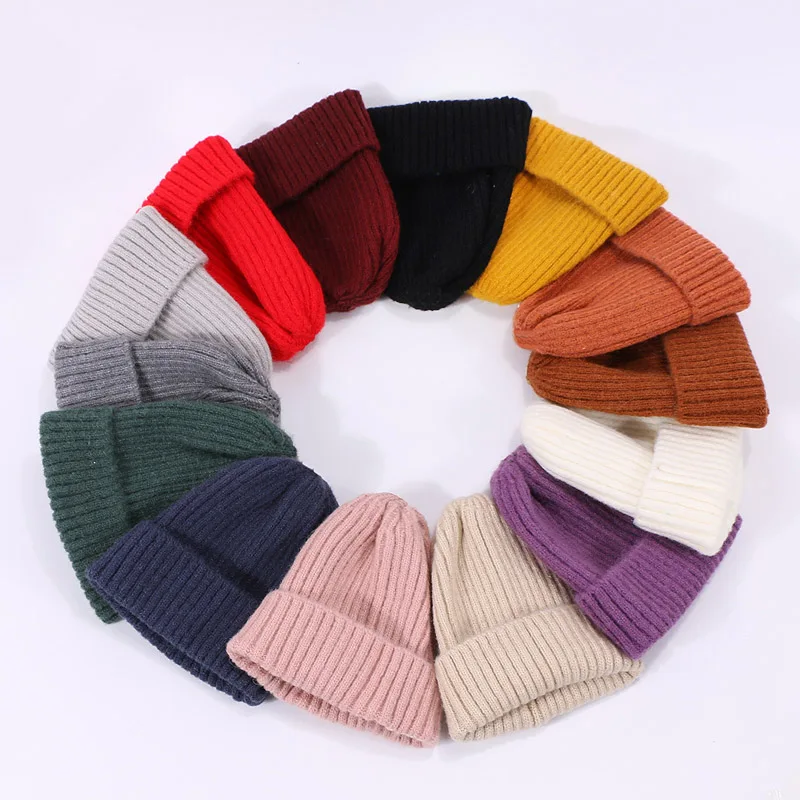 Kids Winter Solid Color Wool Knit Beanie Children Fashion Casual Hat Warm Boy Girl Soft Thicken Hedging Cap Slouchy Bonnet Ski