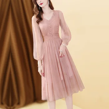 

Women's Long Sleeve Spring Autumn Fall Summer Lace Chiffon Dress Elegant High Quality V Neck A-line Romantic French Lady Dresses