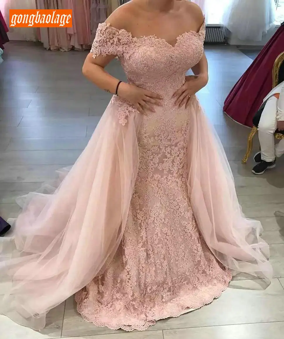 

Stylish Pink Mermaid Prom Dresses Long Off Shoulder Lace Applique Evening Gowns Tulle Sweep Train Customized Women Formal Dress