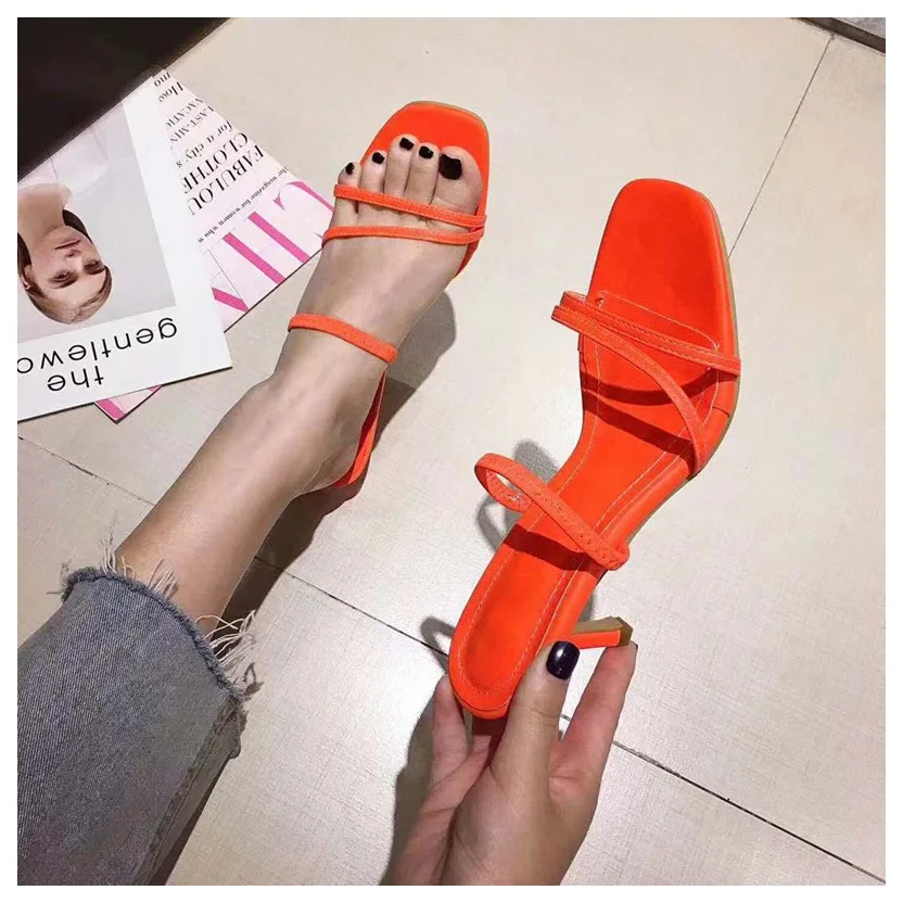 Orange Модные босоножки с петлей на пятке; женские пикантные босоножки на тонком высоком каблуке; сандалии-гладиаторы с флуоресцентными шлёпанцы; Роскошные Брендовые вечерние босоножки без задника - Color: Orange