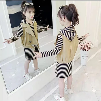 

Fashion New Style Autumn 4-13 Year High Quality Girl Clothing Set 2019 Kid Girl Suit Children 2 Colors Vest And Dress Outfits