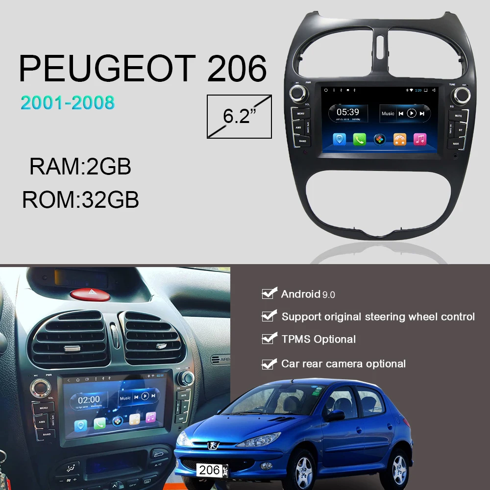ONKAR Android 9,0 автомобильный dvd cd gps navgation система для peugeot 206 2000-2009 с 6,2 Дюймовым Сенсорным экраном wifi bluetoth радио