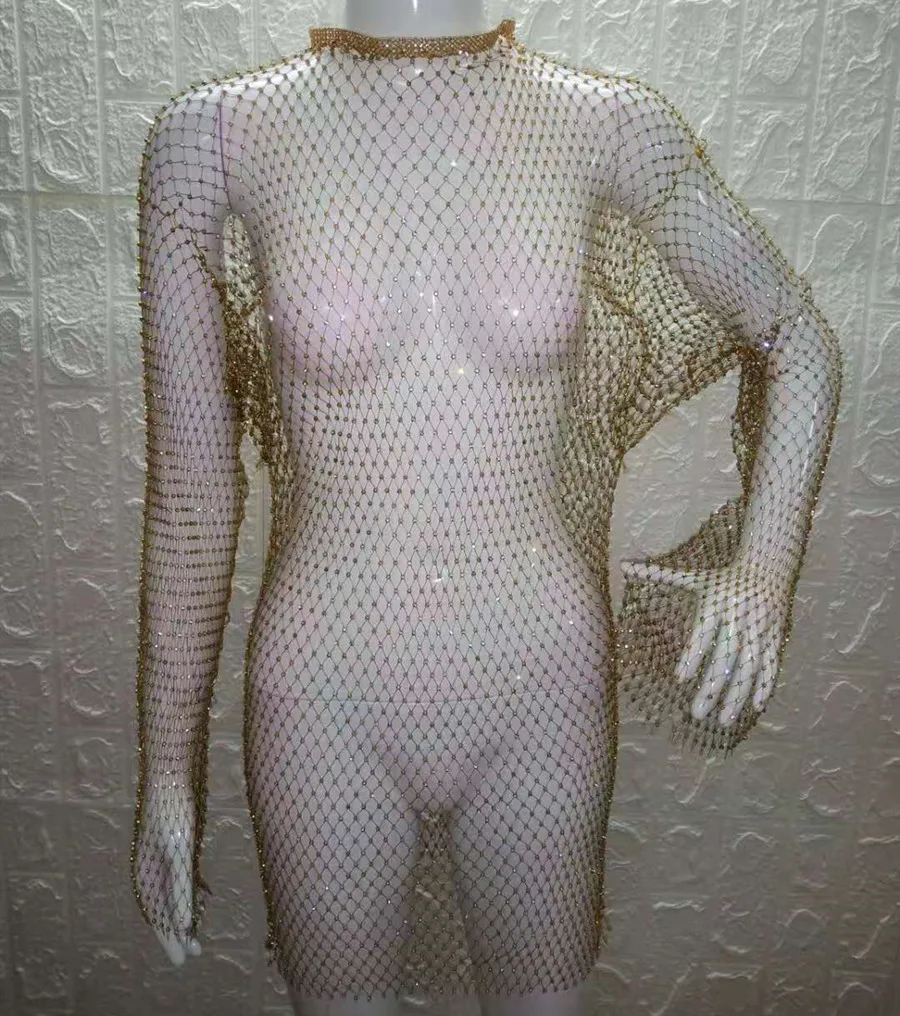 VIKINII Long Sleeve Hollow Summer Beach Crystal Dress 2020 Sexy Women Cover Ups Rhinestone Dresses Gold Beach Female Cover Ups