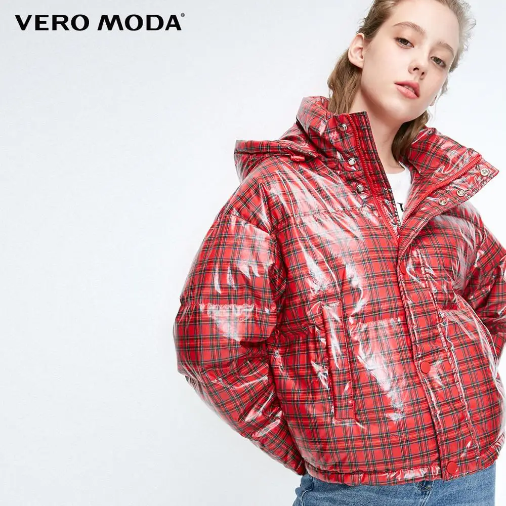 Vero Moda свободный крой Глянцевая клетчатая водонепроницаемая ткань с капюшоном пуховик | 318423513 - Цвет: Red tomato