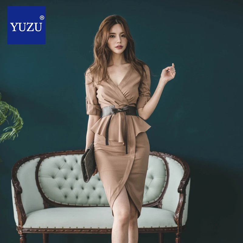 

Dress Women Vintage Bandage Belt Spring Dress V-neck Ruffles Bodycon Split Dress Winter Party Women Dresses For Office 2020 New