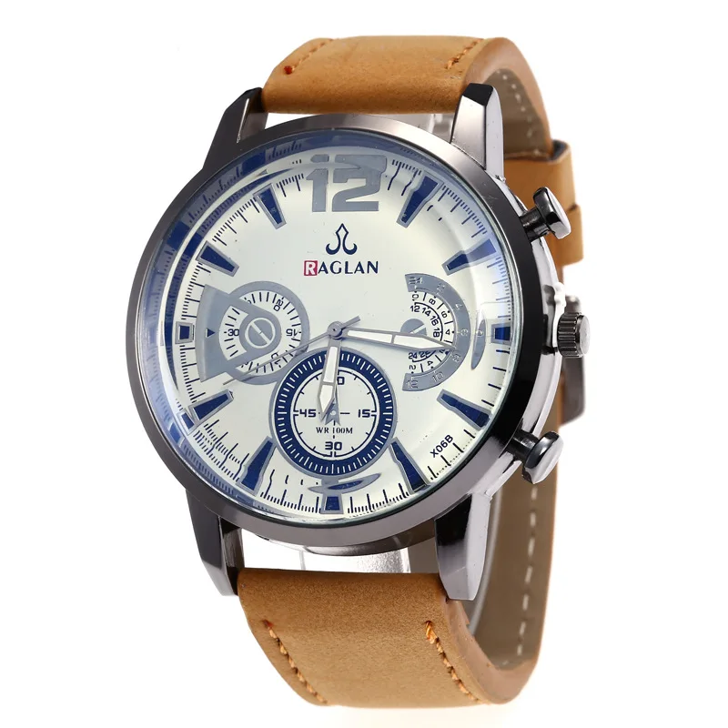

Raglan Large Dial Yarn Mill Leather Stitching Men Casual Quartz Watch with Numbers Three Eye Table