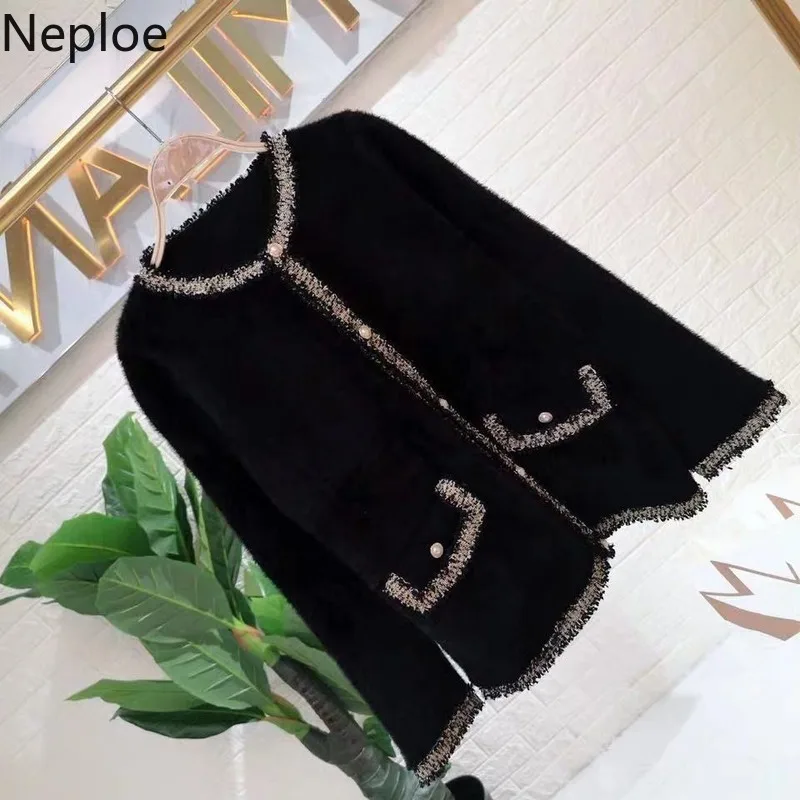 Neploe осенне-зимнее женское пальто с небольшим ароматом, однобортный Кардиган с круглым вырезом и длинными рукавами, свитер с карманами в стиле пэчворк 47909