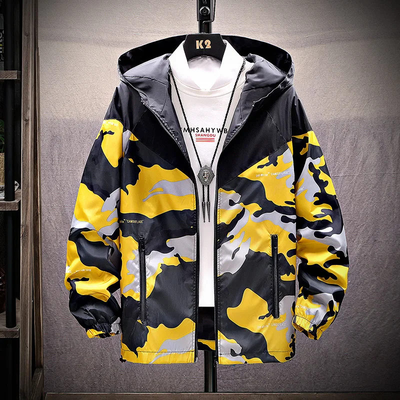 Yellow-Black Весна/Лето Новая модная камуфляжная куртка, Мужская ветровка с капюшоном, легкая ветровка куртка для выхода - Цвет: Yellow-Black