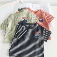 Chen Mom Summer Short Sleeve T-shirt 1-3-5-Year-Old Children Hemp Cotton Half Sleeve Tops Infants Child Cartoon Loose-Fit Stripe