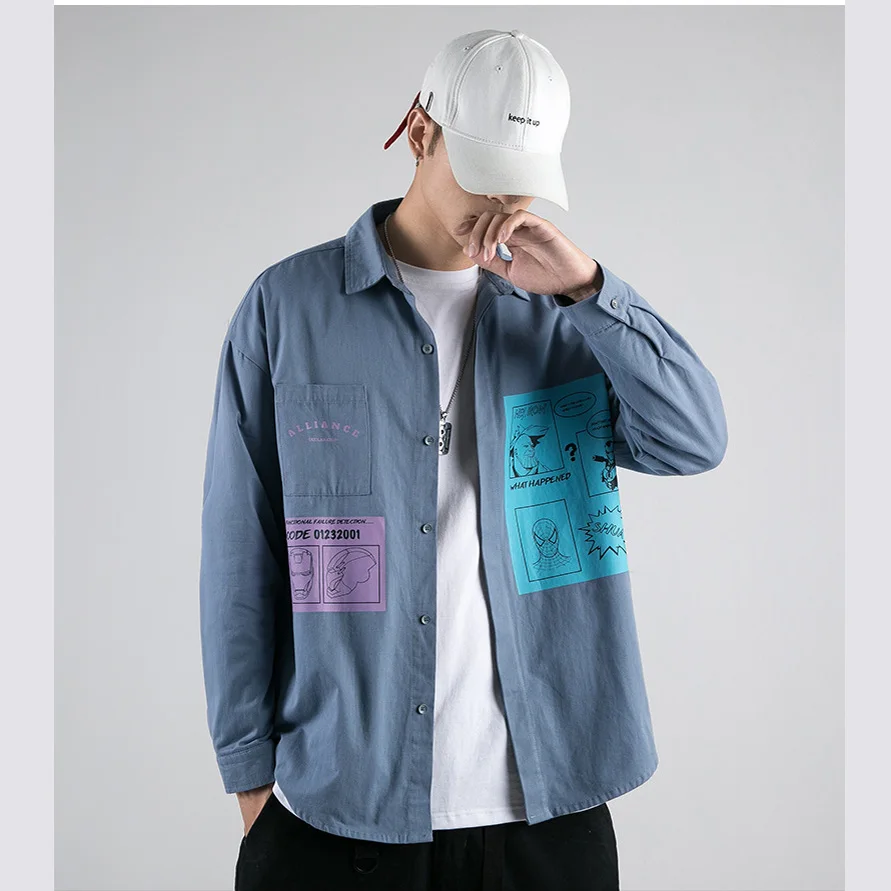Мужская рубашка быстрая мода осень весна chemise homme Повседневная Свободная рубашка с длинным рукавом с принтом