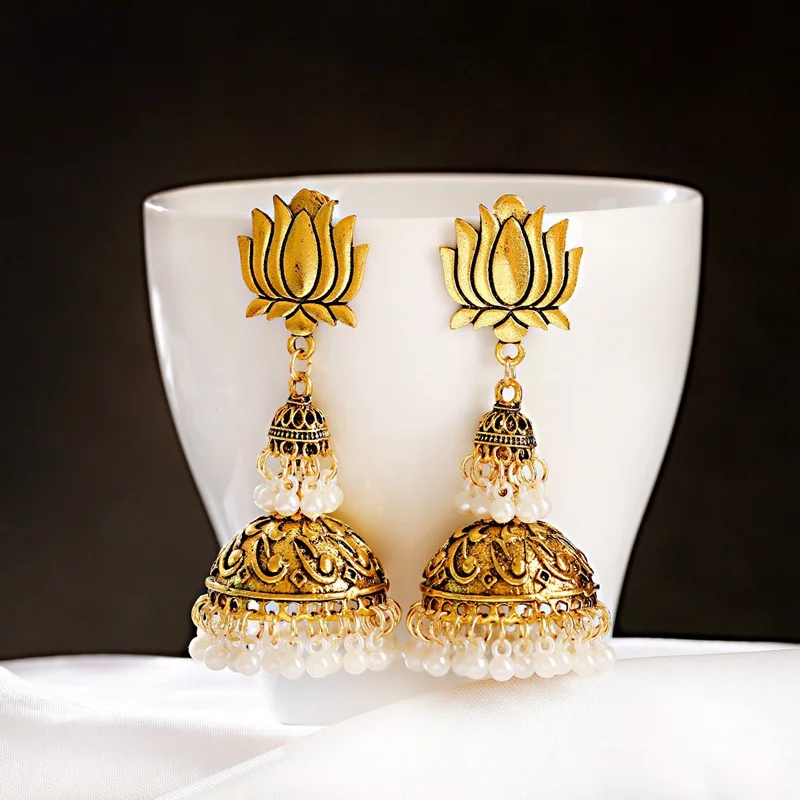 Этнические женские большие висячие серьги золотого цвета индийские Jhumka
