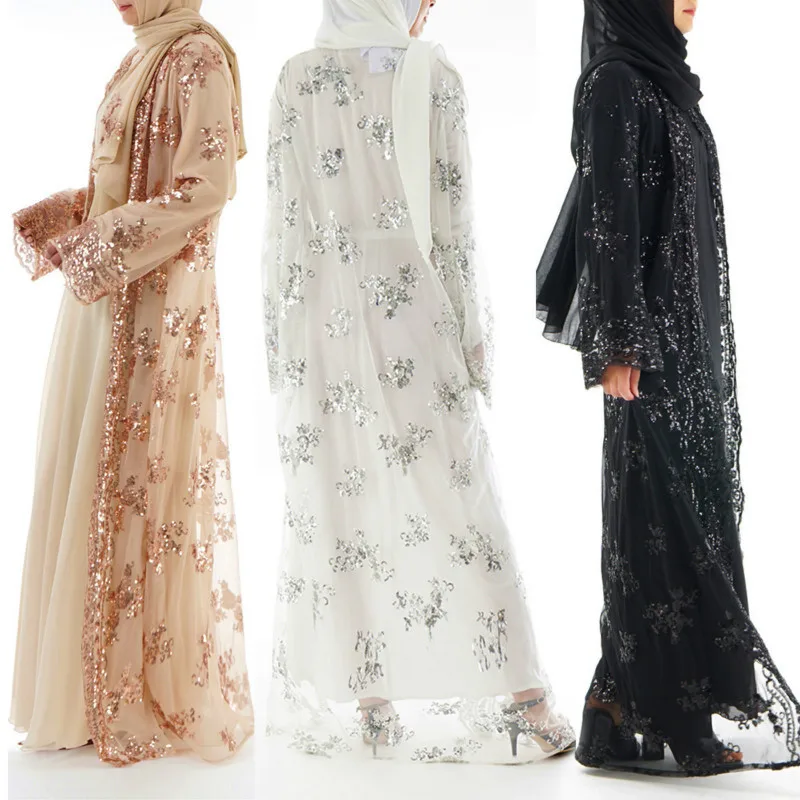 Ins вечернее платье для мусульманских женщин костюм-платье Longuette кардиган роскошный блестка вышивка кружева Бесшовные снаружи езды кимоно