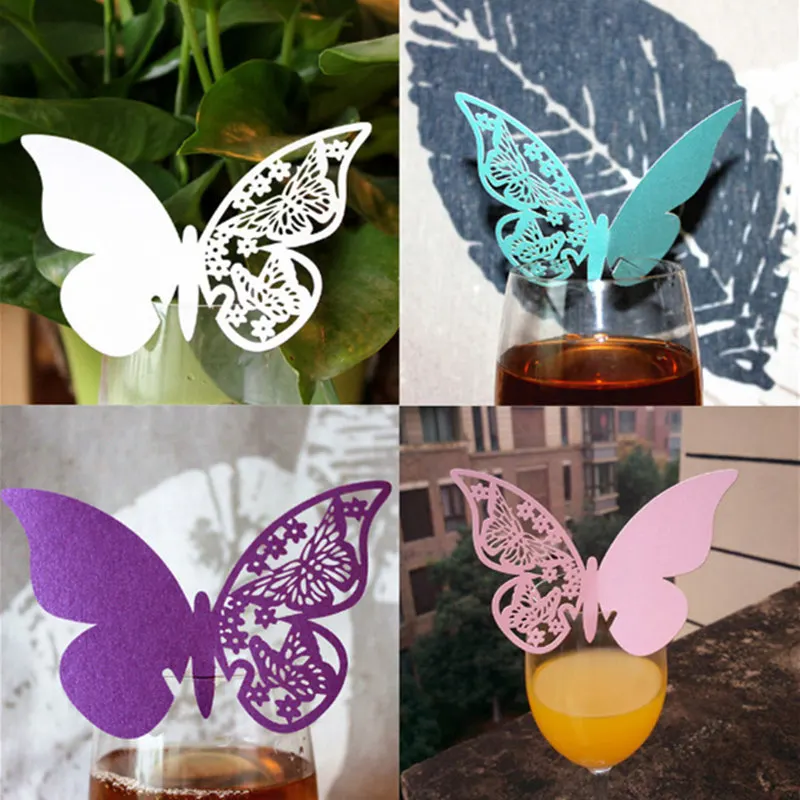 

Table Baby Lovely Name 50Pcs/Lot Decoration Heart Glass Paper Cut Place Laser Cup Party Wedding Butterfly Pink Wine Mark Cards