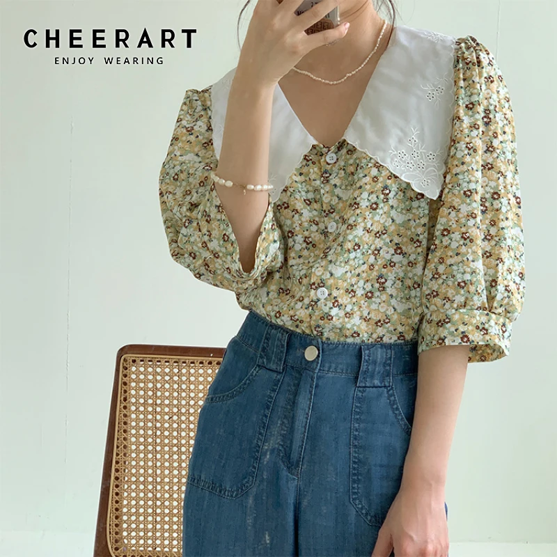 Винтажная шифоновая блузка CHEERART с пышными рукавами женский летний корейский