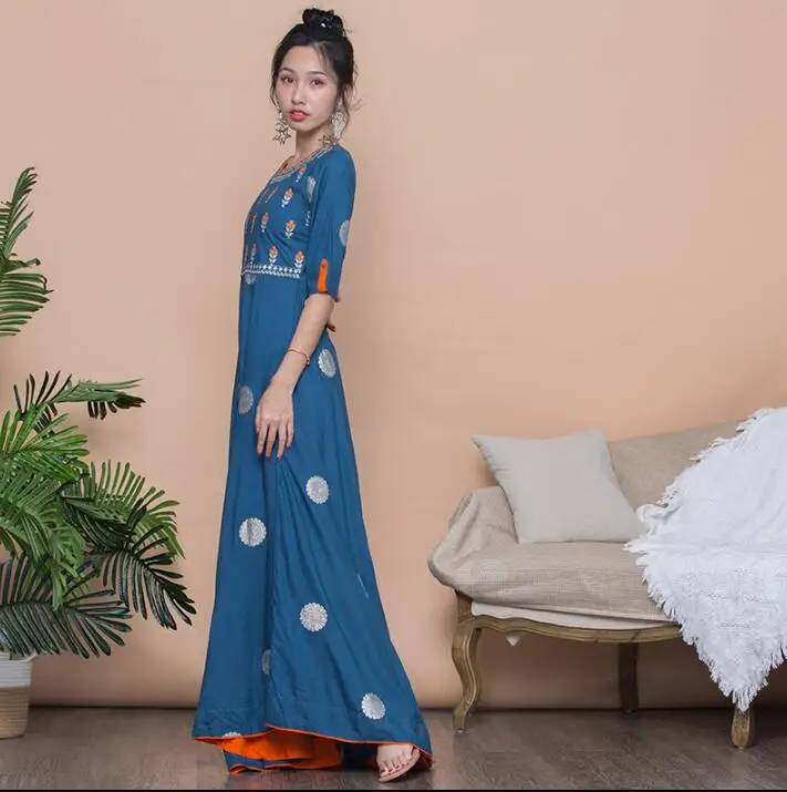 Женские модные комплекты в этническом стиле хлопок Индия Kurtas три четверти рукав длинное платье