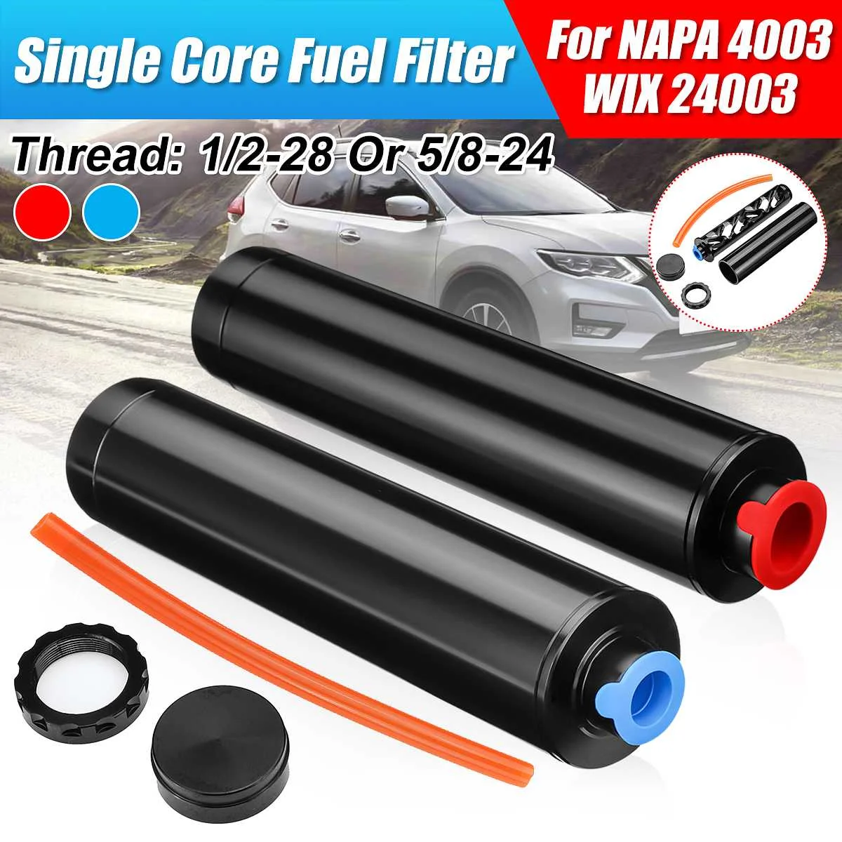 

1/2-28 5/8-24 Aluminum Single Core Filter For NAPA 4003 WIX 24003 1.358"OD 6"L