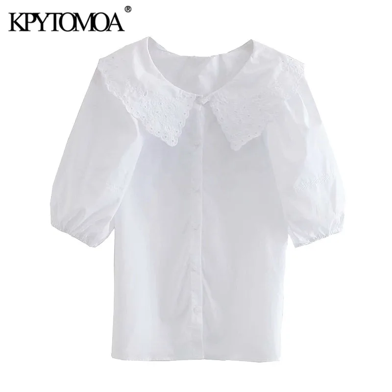 KPYTOMOA Women 2020 Fashion With Embroidery Collar Poplin Blouses Vintage Puff Sleeve Button-up Female Shirts Blusas Chic Tops KPYTOMOA Women 2020 Fashion With Embroidery Collar Poplin Blouses Vintage Puff Sleeve Button-up Female Shirts Blusas Chic Tops