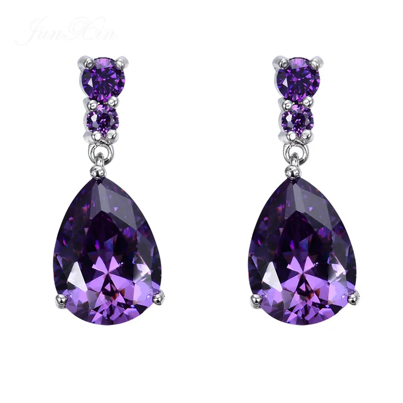 Purple Роскошные женские белые и зеленые серьги в форме капли воды, 925 пробы, серебряные свадебные серьги, винтажные маленькие Висячие серьги для женщин - Окраска металла: Purple