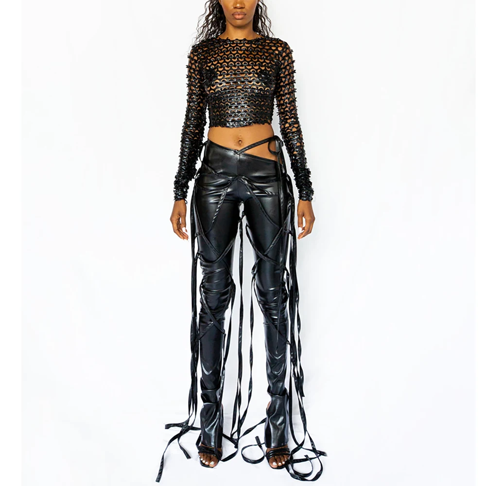 Women Pu Leather Pants With Strings All 