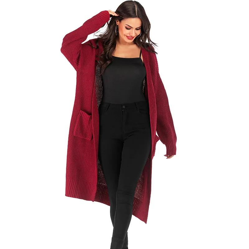Женские Длинные кардиганы, осенне-зимняя куртка-свитер, трикотажное Свободное пальто, повседневное, один размер, пальто-свитер, бордовая черная куртка, YH-ZJ089