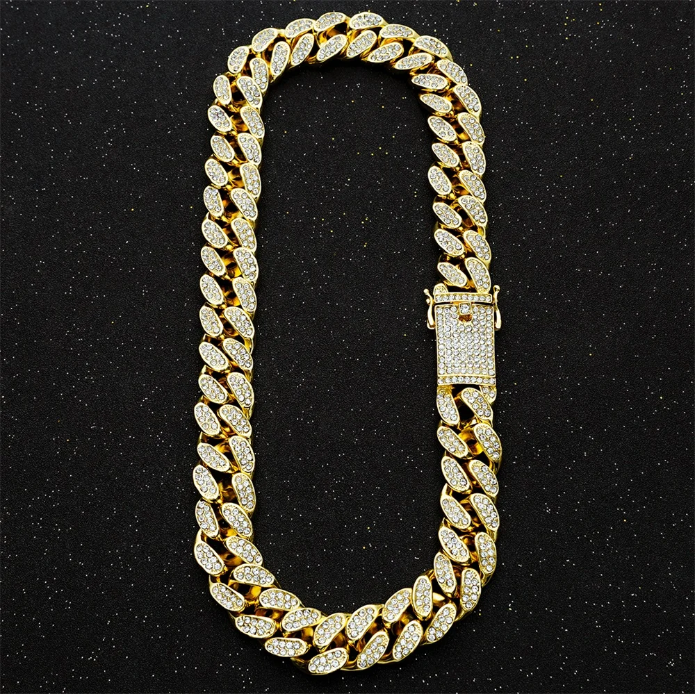 20mm Heavy Hip Hop Iced Out Miami Cuban Link Chain for Mens Bling Full Crystal Rhinestone Gold Silver Necklace Jewelry Bracelets